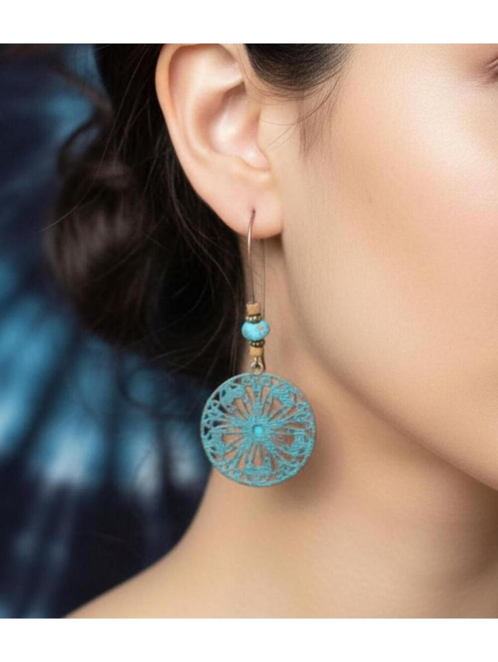 EARRINGS Bohemian Style Brass Dangle Earrings with Turquoise Beads, 1-1/8th in